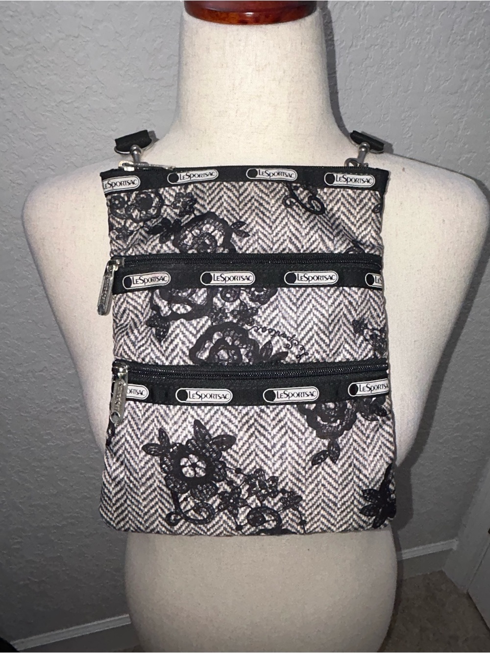 Le Sportsac Kasey 3-Zip Lace Herringbone Print Crossbody Purse Bag